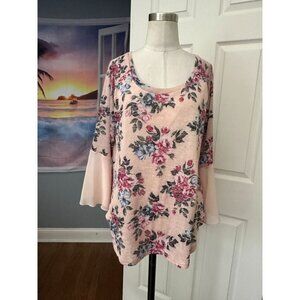 French Laundry pink floral top with sheer bell sleeves and sheer back insert L